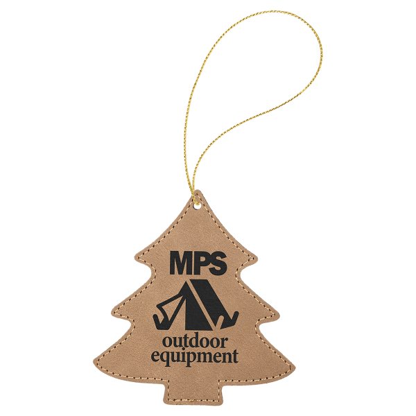 Light Brown Engraved Faux Leather Tree Ornament with Gold String - Brown/Black/Gold