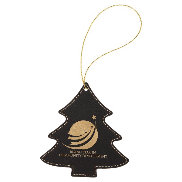 Black/Gold Engraved Faux Leather Tree Ornament with Gold String - Black/Gold