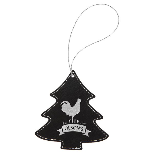 Black/Silver Engraved Faux Leather Tree Ornament with Silver String - Black/Silver