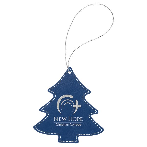 Blue/Silver Engraved Faux Leather Tree Ornament with Silver String - Blue/Silver