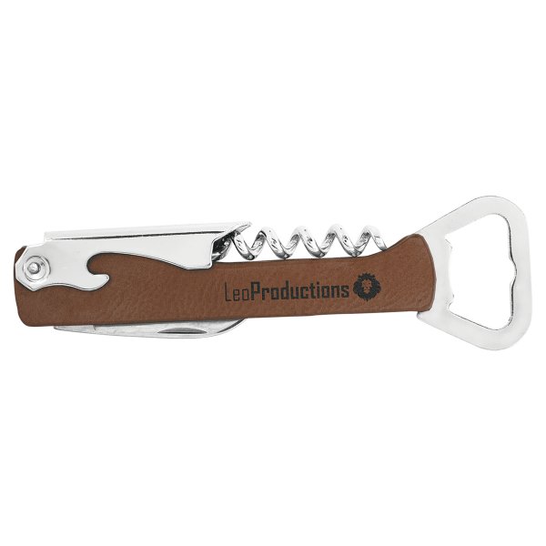 Dark Brown Engraved Faux Leather Wine Bottle Opener - Dark Brown/Silver