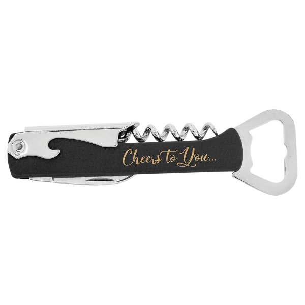 Black/Gold Engraved Faux Leather Wine Bottle Opener - Black/Silver