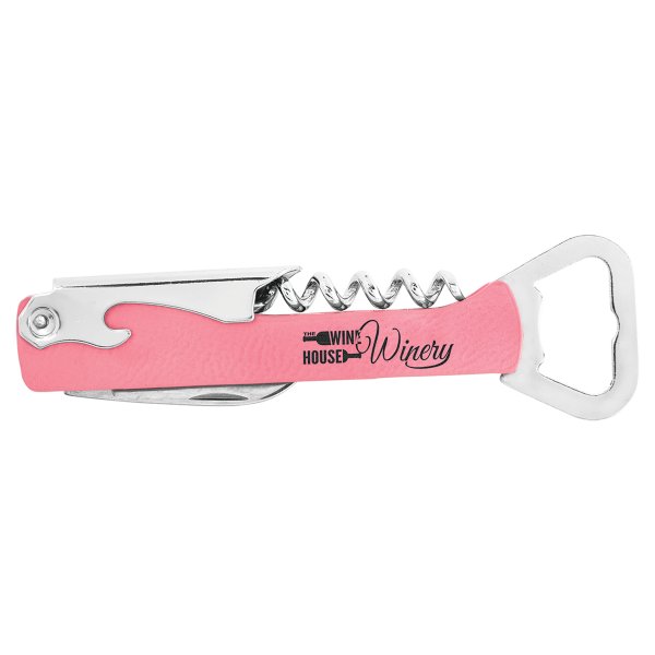 Pink Engraved Faux Leather Wine Bottle Opener - Pink/Silver