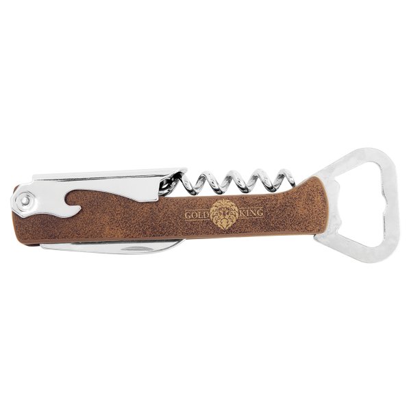 Rustic/Gold Engraved Faux Leather Wine Bottle Opener - Brown/Silver