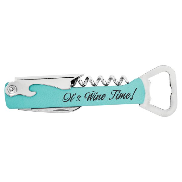 Teal Engraved Faux Leather Wine Bottle Opener - Teal/Silver