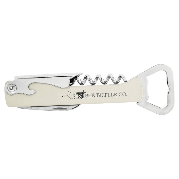 White Engraved Faux Leather Wine Bottle Opener - White