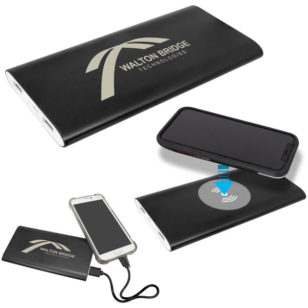 Black 8000MAH Power Bank & Wireless Anodized Aluminum Charger w/USB Power Cord - Black