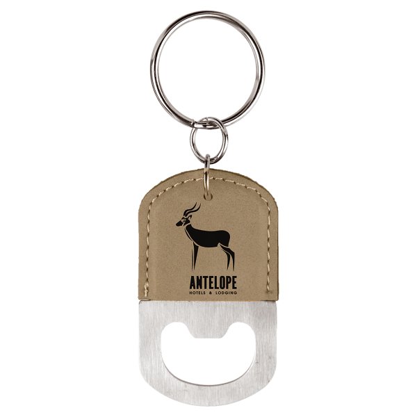Oval Light Brown Engraved Faux Leather Bottle Opener Keychain - Light Brown