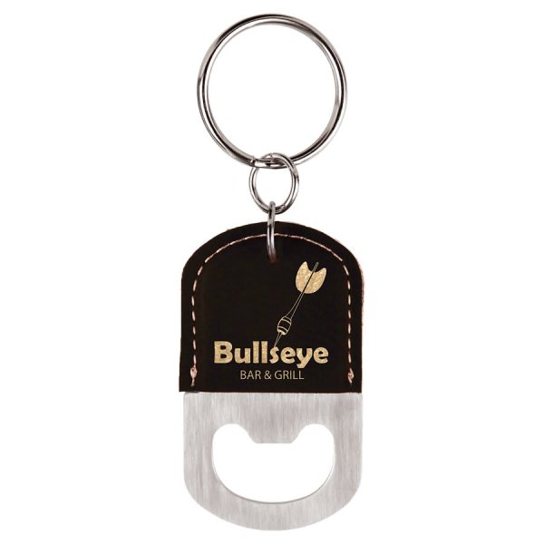 Oval Black/Gold Engraved Faux Leather Bottle Opener Keychain - Black