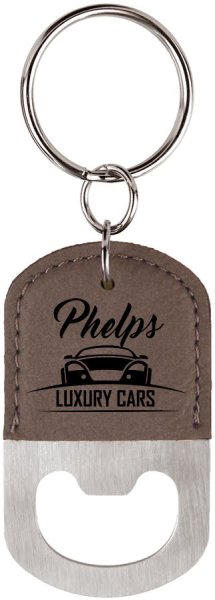 Oval Gray Engraved Faux Leather Bottle Opener Keychain - Gray