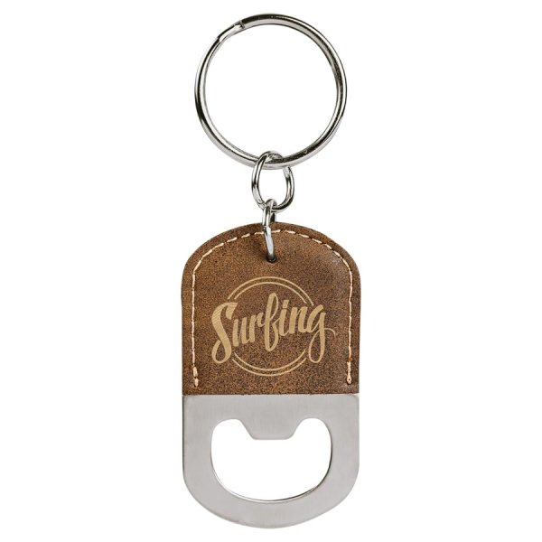 Oval Rustic/Gold Engraved Faux Leather Bottle Opener Keychain - Brown/Gold/Silver