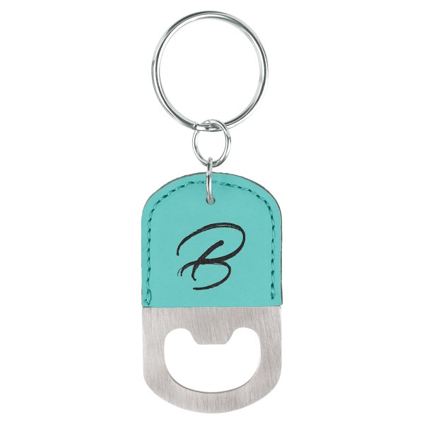Oval Teal Engraved Faux Leather Bottle Opener Keychain - Teal