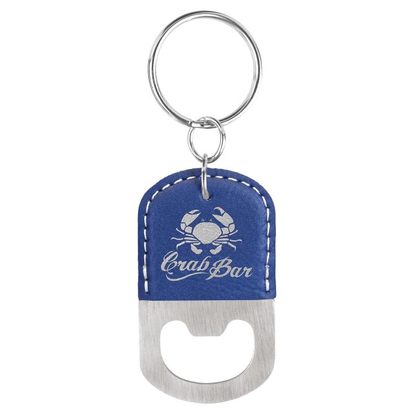 Oval Blue/Silver Engraved Faux Leather Bottle Opener Keychain - Blue