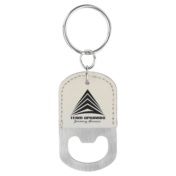 Oval White Engraved Faux Leather Bottle Opener Keychain - White