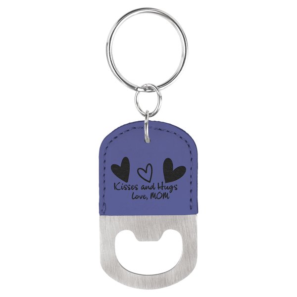 Oval Purple Engraved Faux Leather Bottle Opener Keychain - Purple