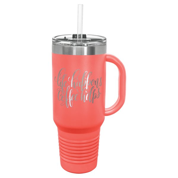 Polar Camel 40 oz. Coral Travel Mug with Snap Lid & Straw - Coral