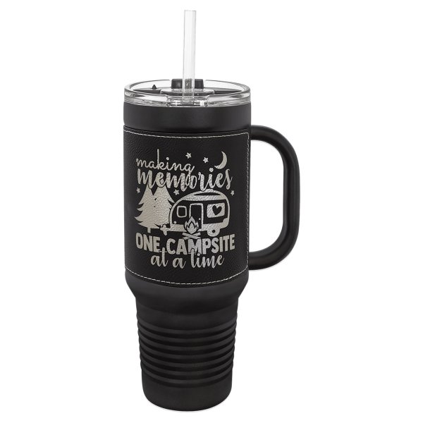 Polar Camel 40 oz. Black with Black/Silver Engraved Faux Leather Travel Mug with a Handle & Straw - Black/Black