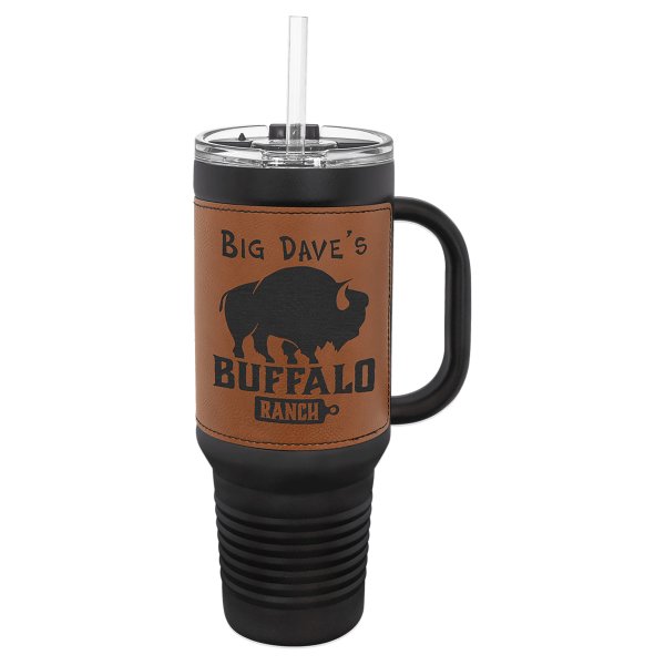 Polar Camel 40 oz. Black with Rawhide Engraved Faux Leather Travel Mug with a Handle & Straw - Black/Rawhide