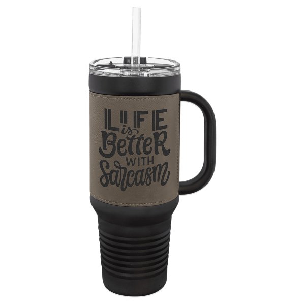Polar Camel 40 oz. Black with Gray Engraved Faux Leather Travel Mug with a  Handle & Straw - Black/Gray