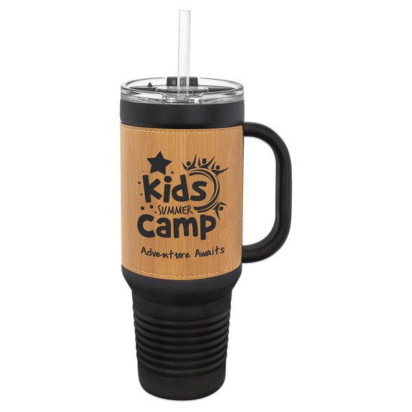 Polar Camel 40 oz. Black with Bamboo Engraved Faux Leather Travel Mug with a Handle & Straw - Black/Bamboo