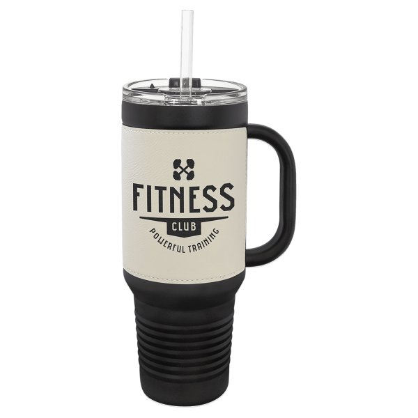 Polar Camel 40 oz. Black with White Engraved Faux Leather Travel Mug with  a Handle & Straw - Black/White
