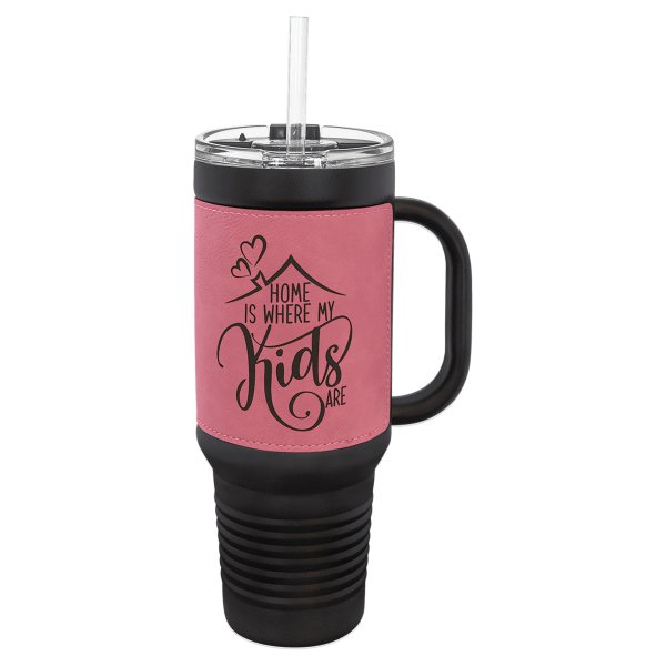 Polar Camel 40 oz. Black with Pink Engraved Faux Leather Travel Mug with a Handle & Straw - Black/Pink