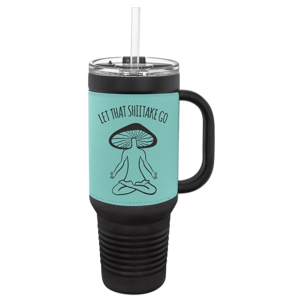 Polar Camel 40 oz. Black with Teal Engraved Faux Leather Travel Mug with a Handle & Straw - Black/Teal