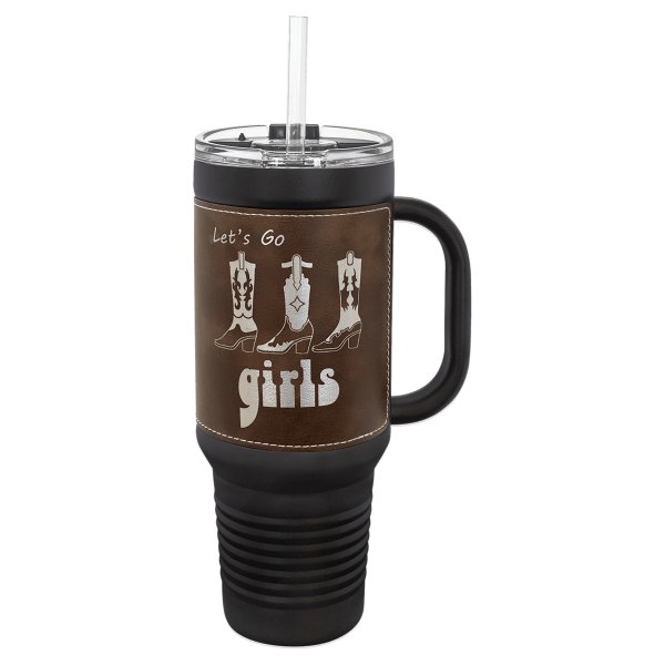 Polar Camel 40 oz. Black with Rustic/Silver Engraved Faux Leather Travel Mug with Handle & Straw - Black/Rustic/Silver