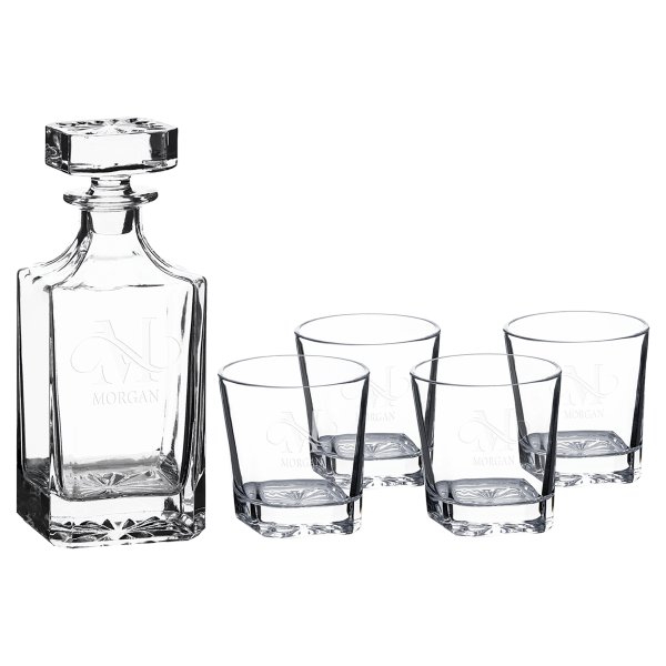 Polar Camel 750 mL Square Glass Decanter Set with Four 11 oz. Rocks Glasses in Black Gift Box with Printed Paper Sleeve - Clear