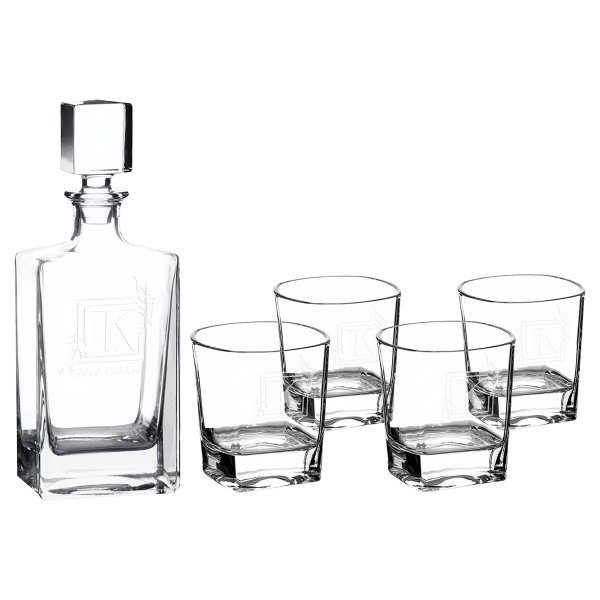 Polar Camel 810 mL Rectangle Glass Decanter Set with Four 8 oz. Rocks Glasses in Black Gift Box with Printed Paper Sleeve - Clear