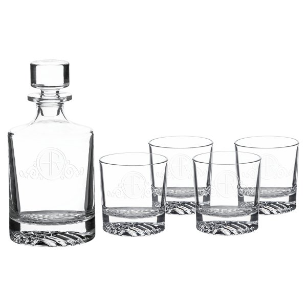 Polar Camel 850 mL Round Glass Decanter Set with Four 9 oz. Rocks Glasses in Black Gift Box with Printed Paper Sleeve - Clear