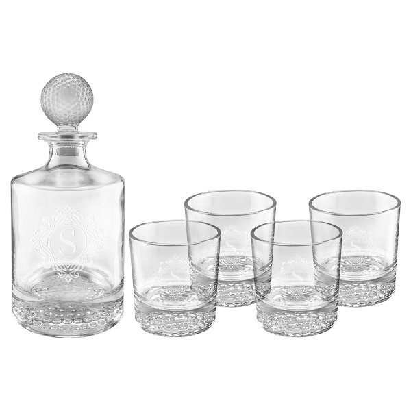Polar Camel 850mL Round Golf Glass Decanter Set with Four 9 oz. Golf Rocks Glasses in Black Gift Box with Printed Paper Sleeve - Clear