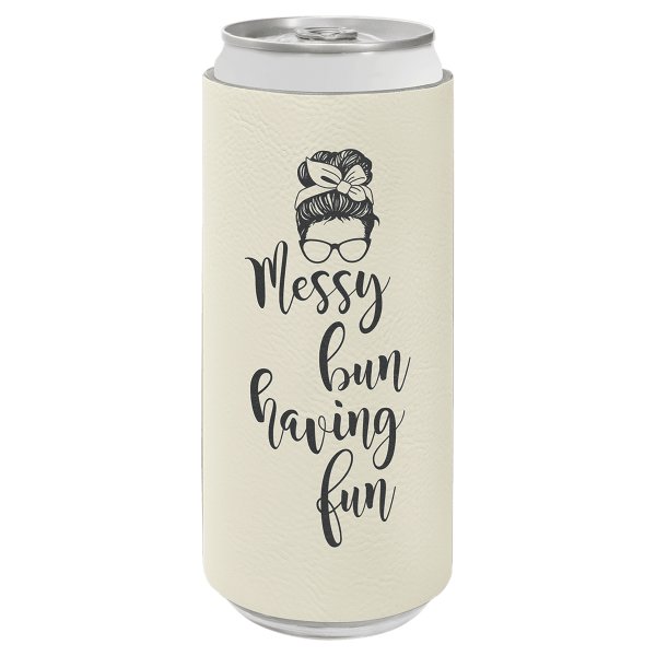 White Engraved Faux Leather Slim Beverage Holder - White