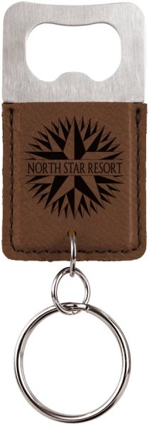 Rectangle Dark Brown Engraved Faux Leather Bottle Opener Keychain - Dark Brown