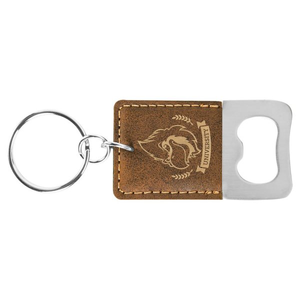 Rectangle Rustic/Gold Engraved Faux Leather Bottle Opener Keychain - Brown/Gold/Silver