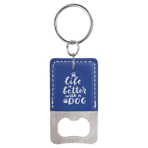 Rectangle Blue/Silver Engraved Faux Leather Bottle Opener Keychain - Blue