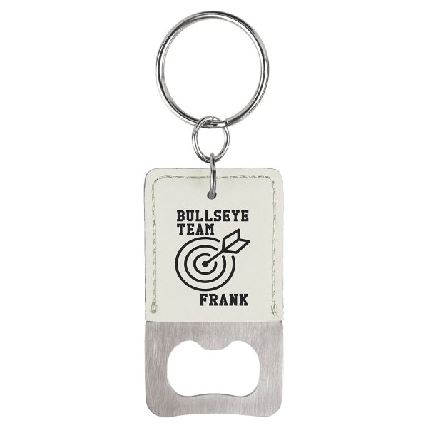 Rectangle White Engraved Faux Leather Bottle Opener Keychain - White