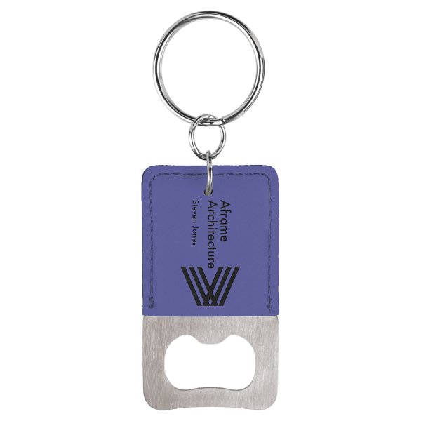 Rectangle Purple Engraved Faux Leather Bottle Opener Keychain - Purple