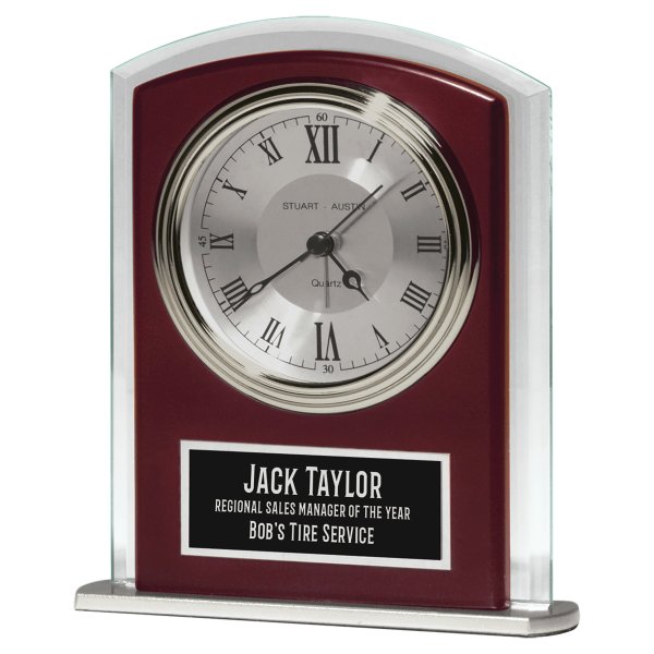 Rosewood Matte Finish Clock, Beveled Glass with Wood Accent, Silver Bezel and 3 Hand Movement, Black Plate - Rosewood/Slvr/Clear