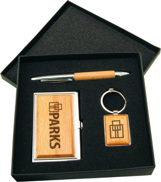 Silver/Wood Finish Gift Set with Business Card Case, Pen & Keychain - Maple/Silver