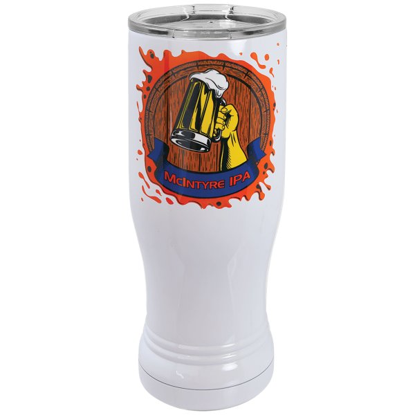 White Custom Printed 14 oz. Polar Camel Pilsner with Clear Lid - White
