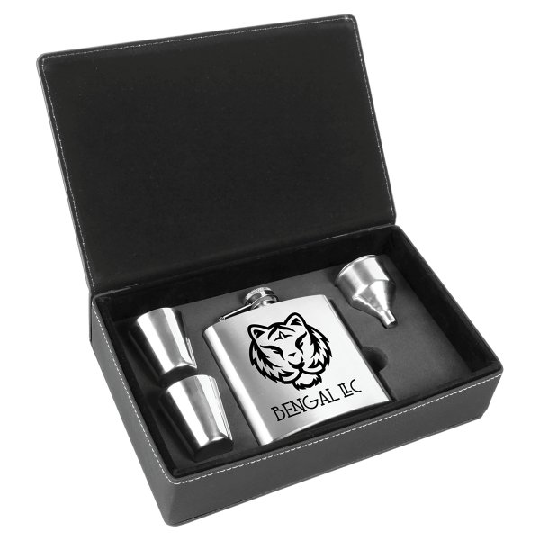 6 oz. Stainless Steel Flask Set in Black/Silver Engraved Faux Leather Box - Black/Silver