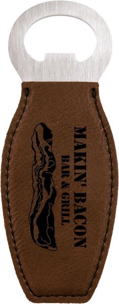 Dark Brown Engraved Faux Leather Bottle Opener with Magnet - Dark Brown/Blk/Silv