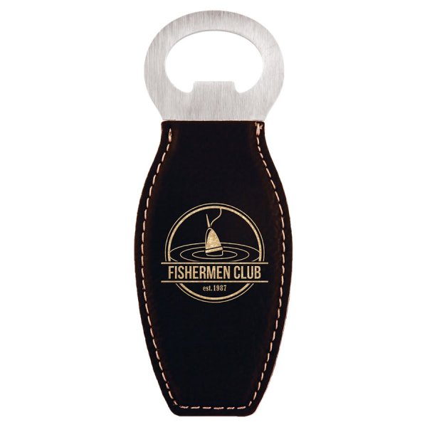 Black/Gold Engraved Faux Leather Bottle Opener with Magnet - Black/Gold/Silver