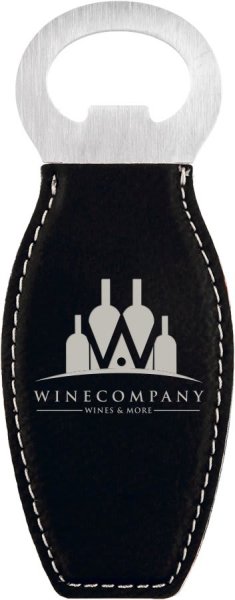 Black/Silver Engraved Faux Leather Bottle Opener with Magnet - Black/Silver