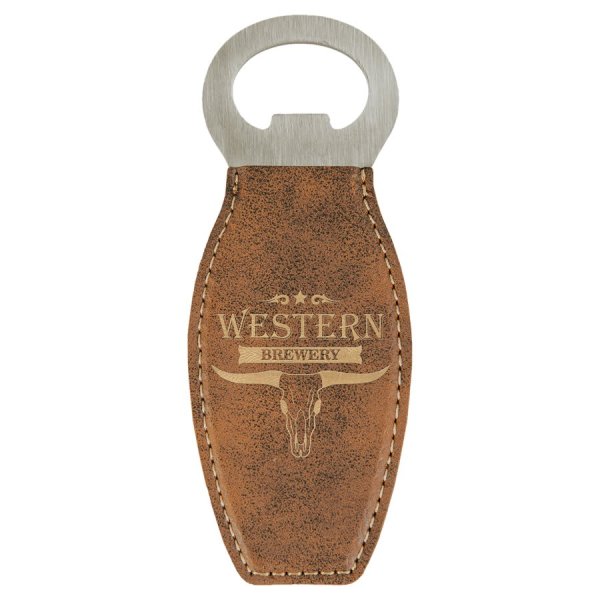 Rustic/Gold Engraved Faux Leather Bottle Opener with Magnet - Brown/Gold/Silver