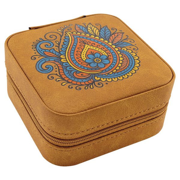 Travel Jewelry Box - Engraved Faux Leather, Creekside Collection, 4" x 4", Light Brown - Light Brown