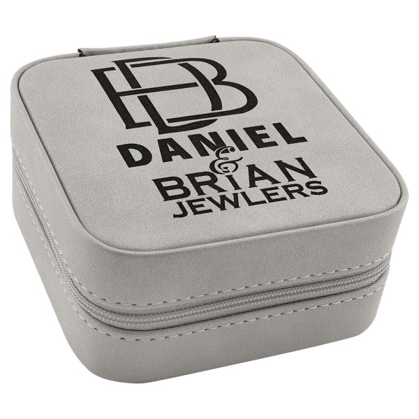 Travel Jewelry Box - Engraved Faux Leather, Creekside Collection, 4" x 4", Light Gray - Light Gray