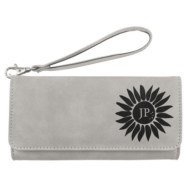 Wallet with Strap - Engraved Faux Leather, Creekside Collection, 7 1/2" x 4", Light Gray - Light Gray