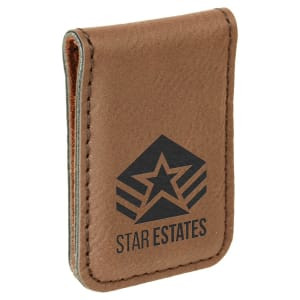 1 3/4" x 2 1/2" Dark Brown Engraved Faux Leather Money Clip